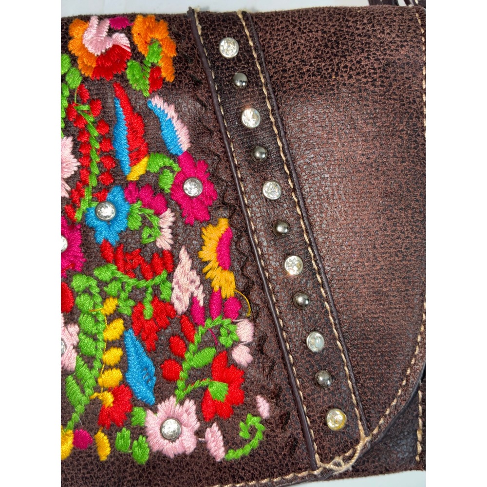American Bling Montana West Brown Floral Embroidered Rhinestone Crossbody Purse - Picture 6 of 9